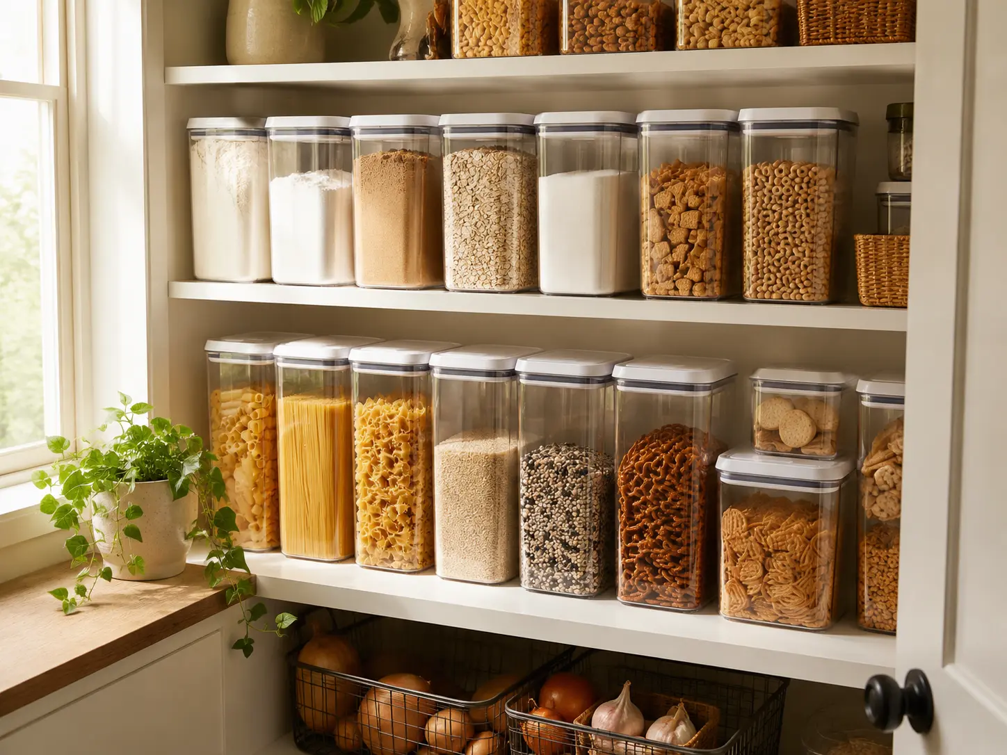 Small pantry organized with clear airtight containers filled with dry goods.