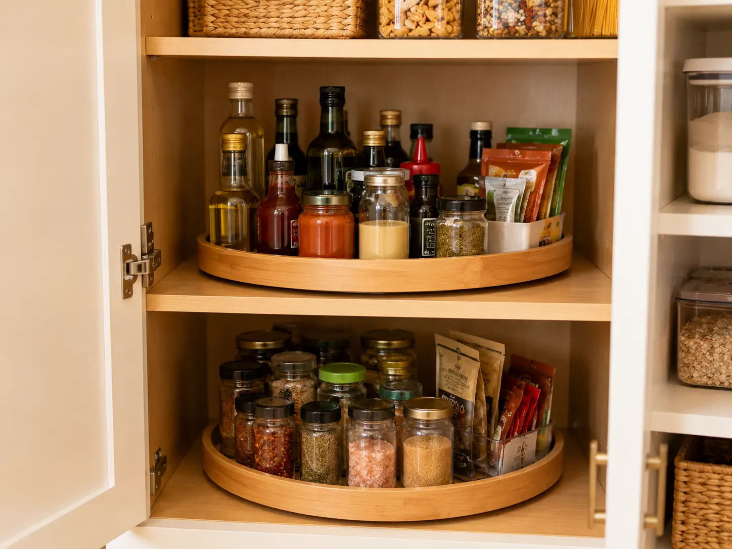 Kitchen cabinet organized with rotating turntables holding oils, sauces, jars, and spices.