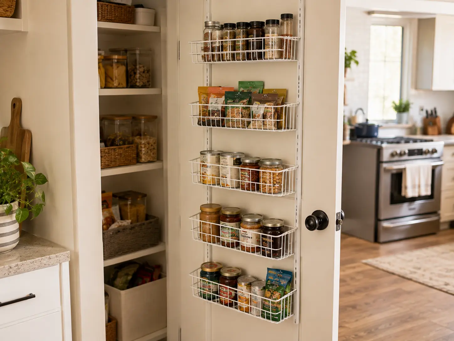 Small pantry door fitted with organized metal baskets holding snacks, spices, jars, and canned goods.