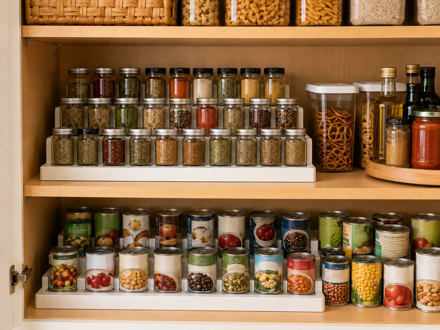 Pantry shelf organized with tiered spice and can risers for clear visibility.