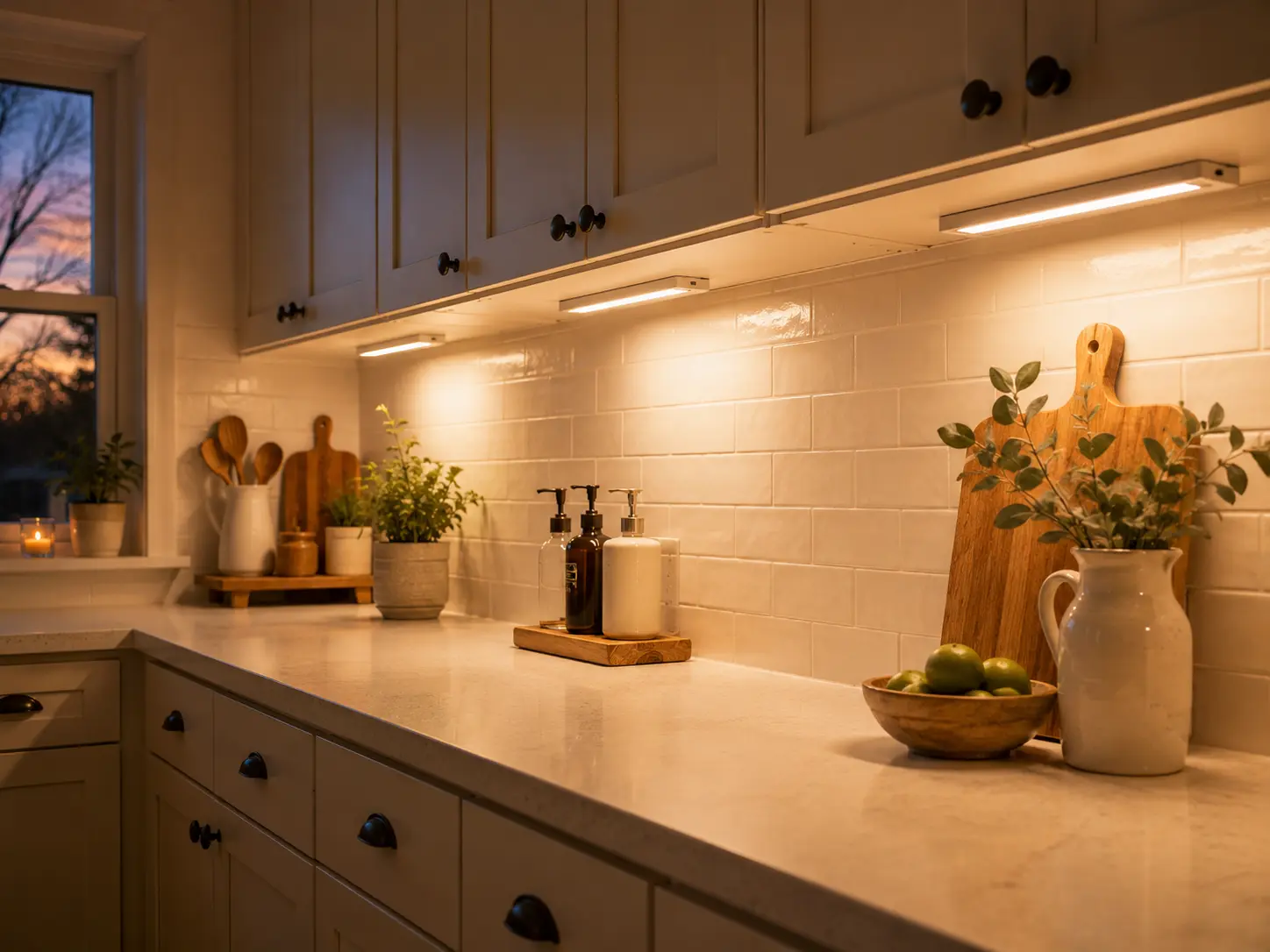 Warm rechargeable under-cabinet lights illuminating a tidy small kitchen counter.